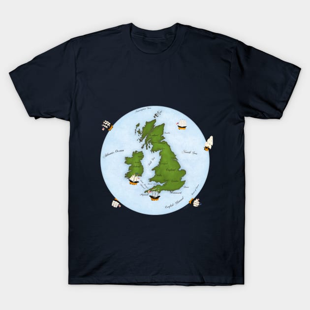 Great Britain Map With Sailing Ships T-Shirt by Mozartini